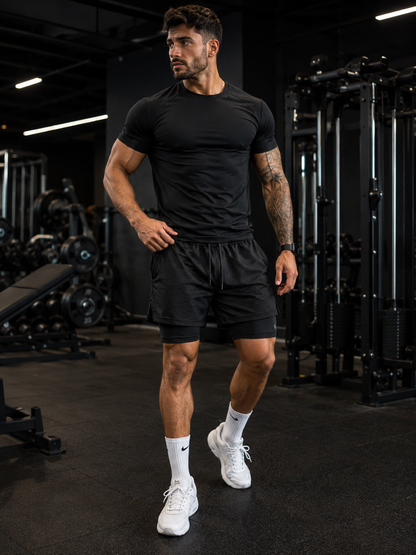 Kit Esportivo Premium Masculino Camiseta + Short 2 em 1 | Poliamida com Elastano